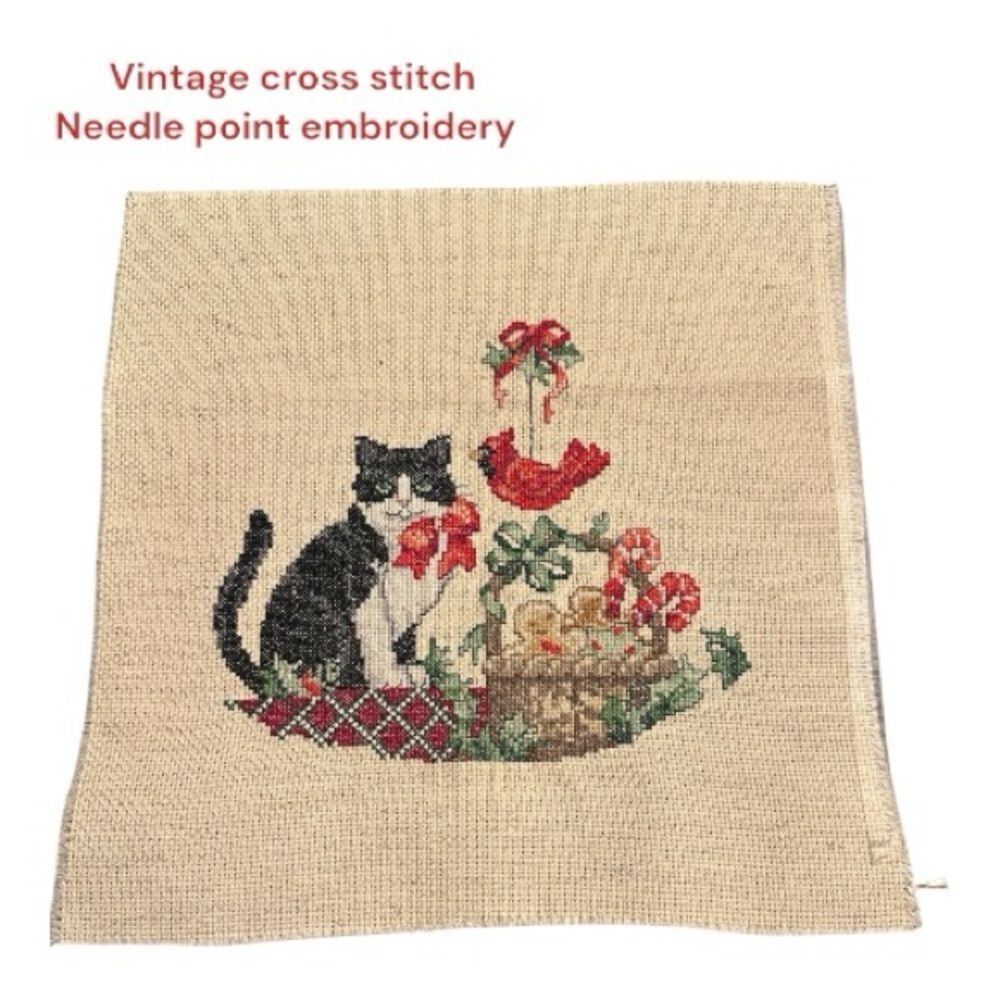 Vintage crossstitch Cat at Christmas needle point Embroidered cross-stitch